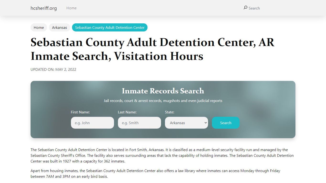 Sebastian County Adult Detention Center, AR Inmate Search ...